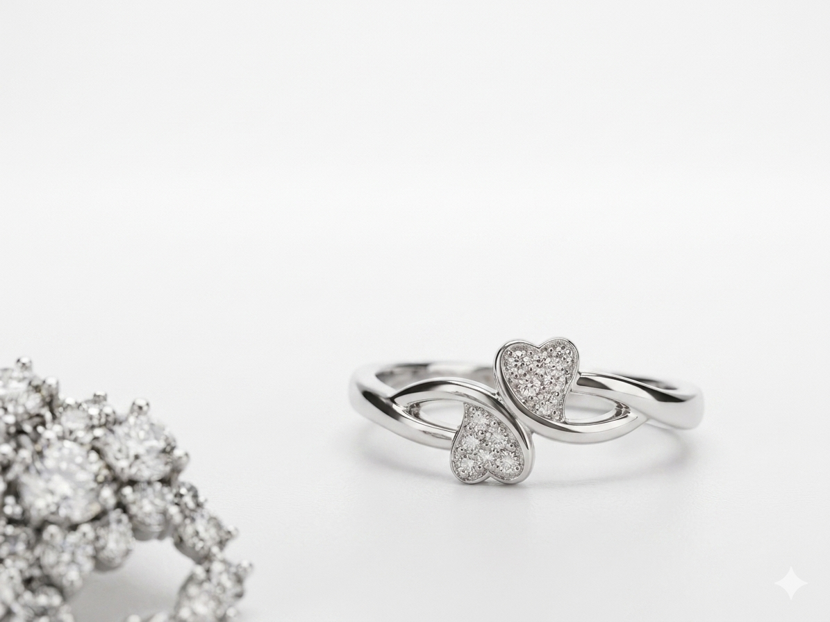 Duo Sparkle Hearts - Sterling Silver Adjustable Bypass Ring
